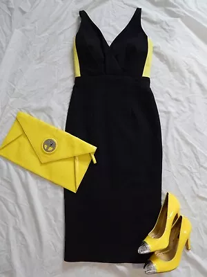 BY JOHNNY Sz 6 Black Midi Dress W/ Bright Yellow Side Panels • $44.95