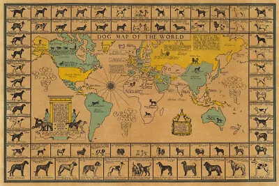 Dog Map Of The World 1933 Vintage Dog Breeds Wall Art Home - POSTER 20 X30  • $23.99