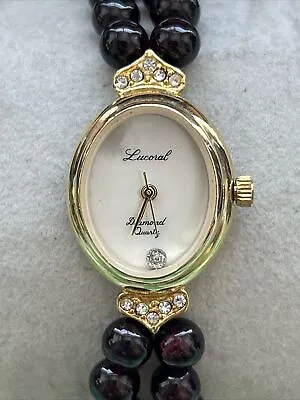 Vintage Lucoral Diamond Gem Stone Gold Tone Ladies Watch Dark RedBeaded Bracelet • $64.95