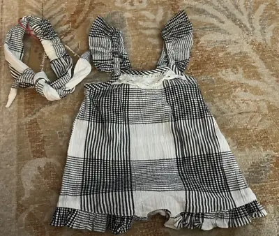 Mimi & Maggie Bubble Romper Headband Boho Nwt Black Cream Cotton 3 6 Months • $14.99