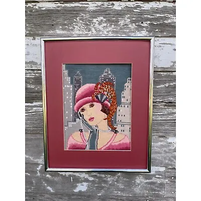 Vintage 1980s Finished Needlepoint Picture Art Deco Pink Flapper Lady • $115