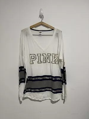 PINK Victoria’s Secret Women’s Long Sleeve T-shirt Size L Sequin White V-neck • $29.95