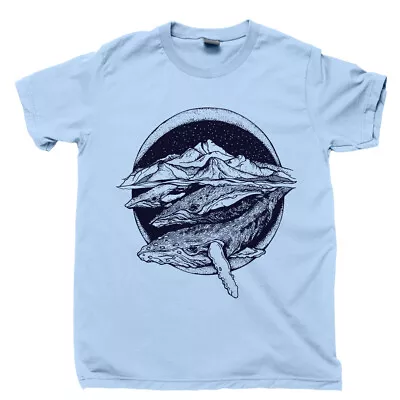 Swimming Whales T Shirt Deep Blue Sea Ocean Waves Nautical Marine Mammals Tee • $16.99