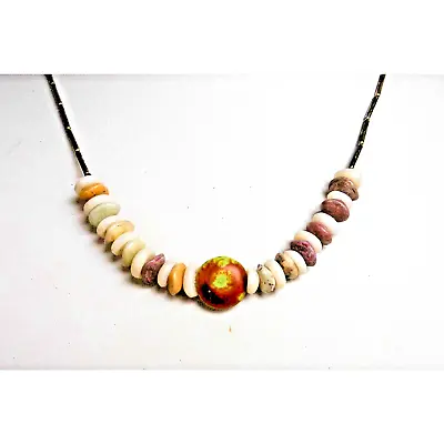 Vintage Ethnic Necklace   Multi Color Natural Shell Bead Bar Link Chain 17 Inch • $16