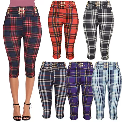 Women's Plaid Capris Pants 4 Pocket Pull On Summer Pants W/Rhine Stone Trim • $15.99