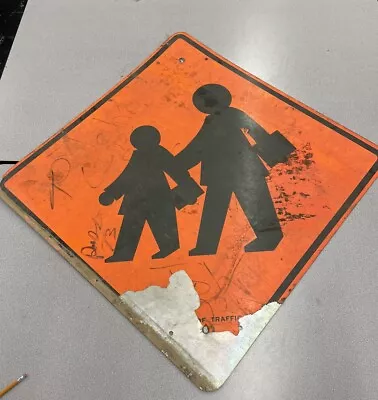 Vintage SCHOOL CROSSING Road Traffic DOT Warning Sign 30” X  30 “ Aluminum 1970s • $55