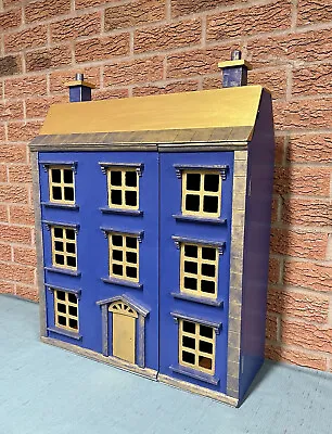 4-Storey Wooden Doll’s House Mansion Painted Blue & Gold With Furniture & Dolls • £165