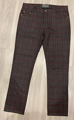 PAISLEY & GRAY Gray Burgandy Plaid Flat Front Poly Blend Slim Fit Pants  34x32 • $34.98