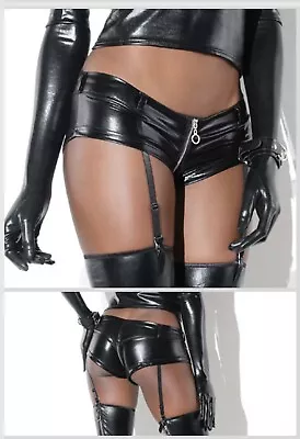 Women Wet Look Booty Short With Front To Back Zipper And Removable Garters S M L • $33.95