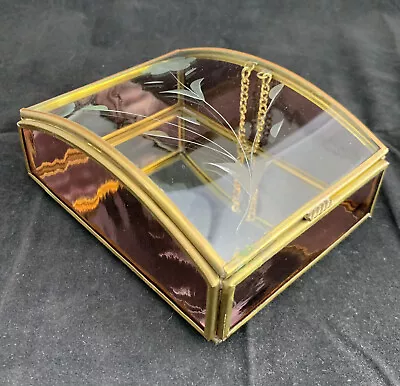 Vtg Jewelry Box Via Vermont Brass & Cut Glass Dresser Vanity Purple Mirror • $12.59