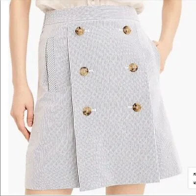 J. CREW Blue White Striped Seersucker Button Front Pleated A-Line Skirt Size 4 • $34