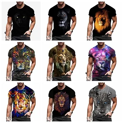 T-Shirt Men's Lion Tiger Fashion Graphic Print Short Sleeve Silky Casual T Shirt • $18.86