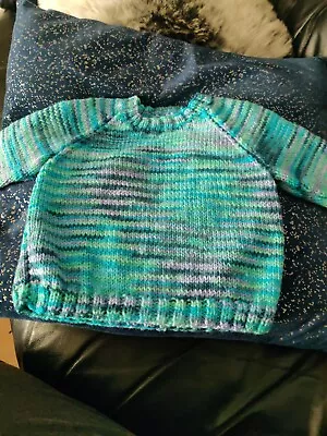 Hand Knitted Baby Jumper 1-2 Years Soft Blues Multi Boys Girls • £3.49