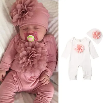 Newborn Baby Girl Clothes 3D Floral Romper Jumpsuit Overall Hat Outfits Set • £11.79