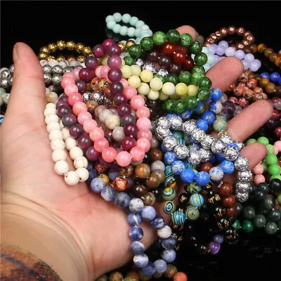 Handmade 15Pcs Mixed Natural Gemstone Round Beads Stretchy Bracelet Reiki Chakra • $18.99