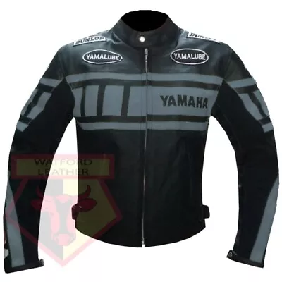 Yamaha Motorbike Grey And Black Cowhide Leather Armored Lightweight Jacket • £149.99