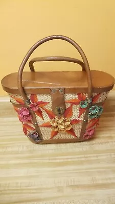 Vintage Mexican Straw Woven Tote Purse Mexico Double Handle Colordul Flowers • $30