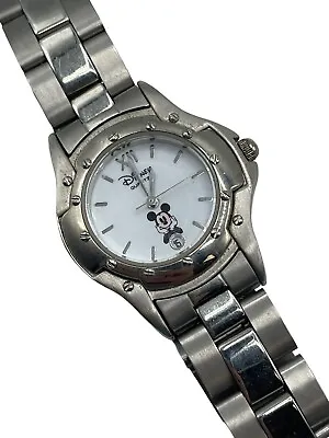 Women's Disney Mickey Mouse Silver Steel White Face Watch Time Works • $11.20