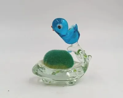 Vintage Blown Glass Blue Bird On Branch With Nest Pin Cushion Sewing Decoration • $24.86