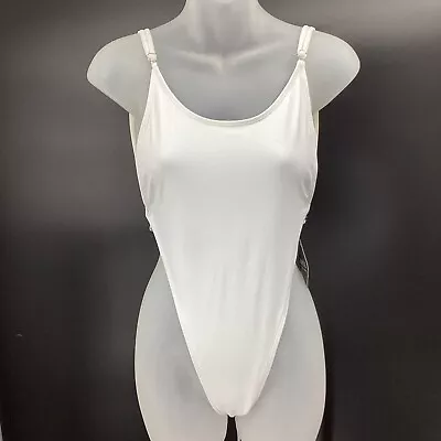 NWT Zaful Women Swimwear One Piece High Cut Thong White Sz S  Spaghetti Strap • £19.27