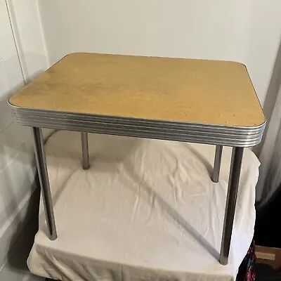 Vintage 1950s 1960s Child Dinette Play Table Formica Chrome Yellow Cracked Ice • $99.99