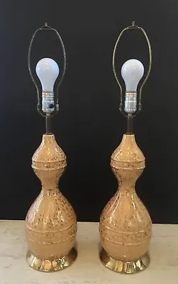 Pair MCM Vintage 1960's Table Lamps Hollywood Regency Glam Gold 27 H Ceramic • $55