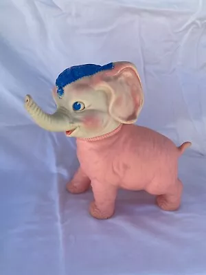 Vintage 1961 Sun Rubber Co Pink Rubber Circus Elephant Blue Head Dress Toy... • $20