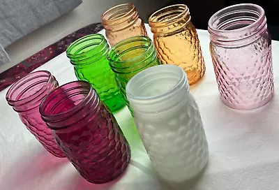 Decorative Pint Jar Lot Of 8 Pink Green Amber Purple Diamond Pattern Mason Style • $16.49