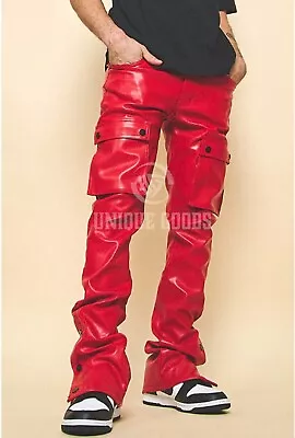Mens Real Soft Leather Plain Cargo Pants Cowhide Red Leather Cargo Trousers • $109.49