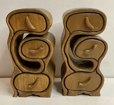 Set Of 2 RARE HTF Vintage Unique Curved Wood Waves 3 Drawer Jewelry Trinket Box • $125