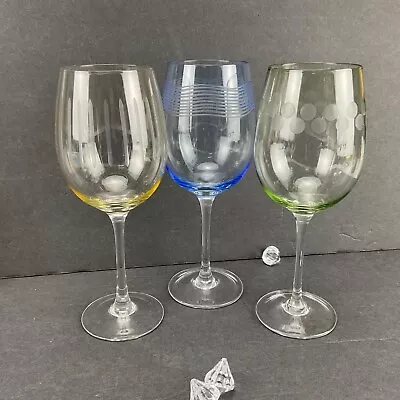 Mikasa Cheers Pastel Etched Wine Glasses Stemware Set 3 Yellow Green Blue EUC • $39.89