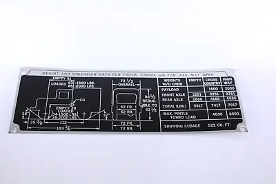 Dodge M37 Truck Cargo 3/4 Ton 4x4  W/wn Data Plate Weight & Dimension • $14