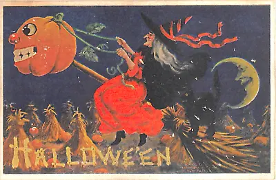 Old? Reprint Of Wall C.1910 Witch Riding Broom Jack O Lantern Halloween Postcard • $15