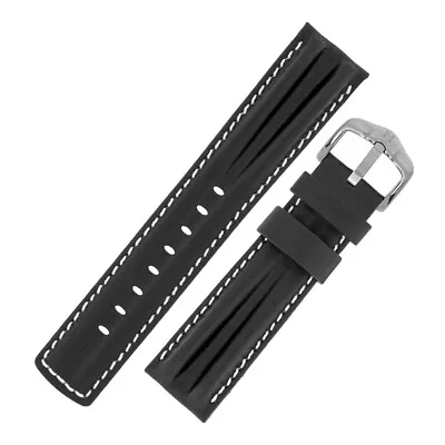 Hirsch PROFESSIONAL Leather  DOUBLE RIDGED Watch Strap BLACK / White 22 Mm • £40