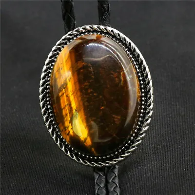 Tiger`s Eye Stone Mens Bolo Tie Wedding Necklace PU Leather Rope Western Cowboy • $22.58