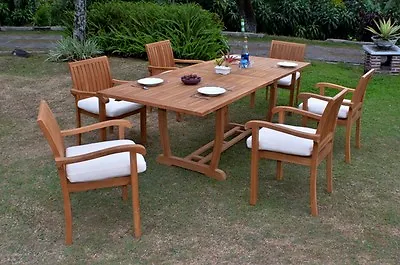 7 Pc Outdoor Dining Teak Set - 94  Rectangle Extension Table 6 Stacking Chairs • $3139