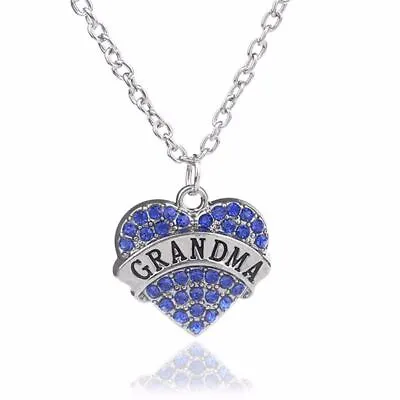 Grandma Blue Crystal Heart Engraved Silver-Tone Necklace Nan Gran Great Mum • £3.99