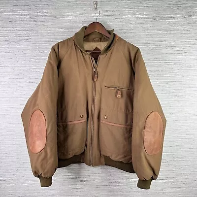 VINTAGE Eddie Bauer Jacket Mens Large Brown Goose Down Puffer Leather Padded 80s • $248.88