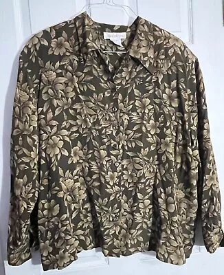 Jones New York Olive Green & Brown Leaf Silk Long Sleeve Button Front Blouse 20W • $13.99