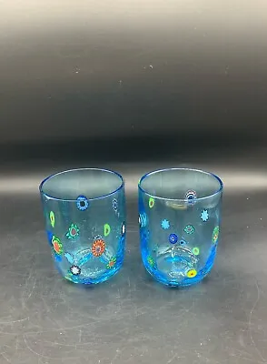 Pair Of Murano Glass Drinking Art Glasses Tumbler Aqua Blue Hand Made Millefiori • $85