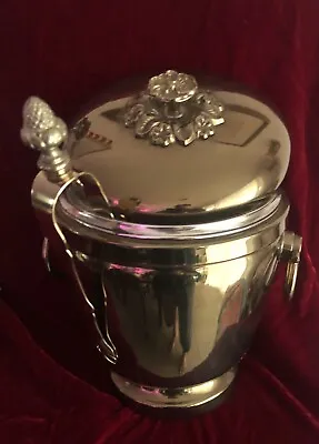 Vintage Ice Bucket Saks Fifth Avenue Brass W Lid & Tongs Thermos Lined Handles • $274.99