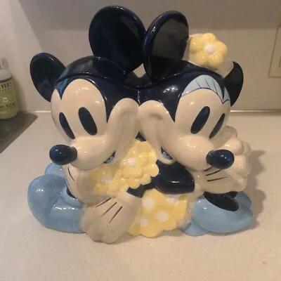 Vintage Walt Disney Blue Cookies Ceramic Cookie Jar Mickey Minnie Mouse Flowers • $89.98