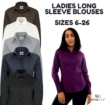 £6.99 • Buy Ladies Womens Long Sleeve Blouses Office Shirts Work Formal Smart Top Size 8-26