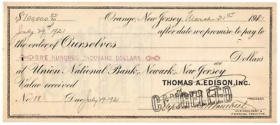 Edison Storage Battery Co. Check SIGNED By Thomas Edison To Himself For $100000 • $1500
