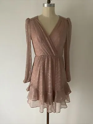 $24 • Buy Forever New Dress Rose Gold/Silver Crossover Top Double Ruffled Hem Size 6-8