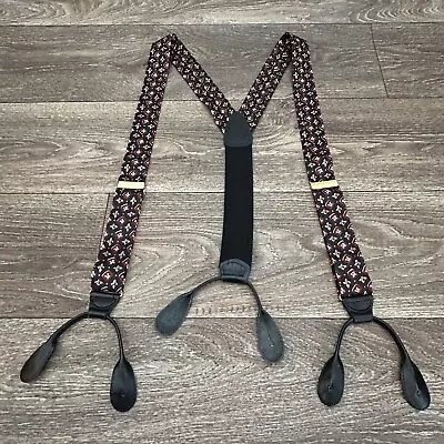 Vtg CAS Germany Mens Black Burgundy Design Suspenders Black Leather Elastic • $21.97