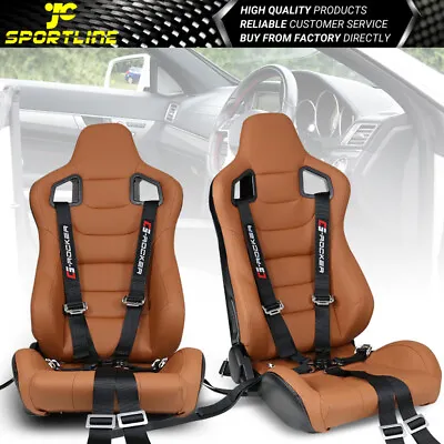 Universal X2 Reclinable Racing Seat & Dual Slider &Belt Brown PU &Carbon Leather • $429.99