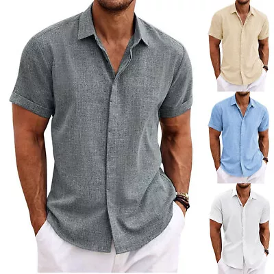 Mens Linen Style Short Sleeve Solid Shirts Casual Fit Formal Dress Top Tee Shirt • $16.84