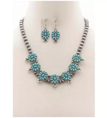 Bohemian Western Silver Turquoise Necklace + Earrings Set Flower Fashion Jewelry • $16.99