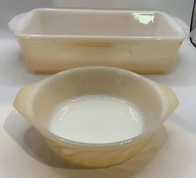 Vintage Fire King Peach Luster #409 Bread Loaf Casserole Pan Dish& Round  Pan #5 • $16